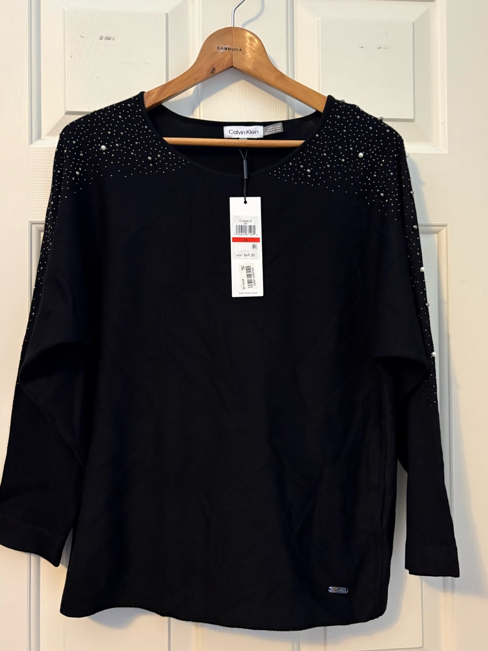 Calvin Klein Women's Crewneck Sweater Sparkle/Pearl Shoulder Black Size XS NWT